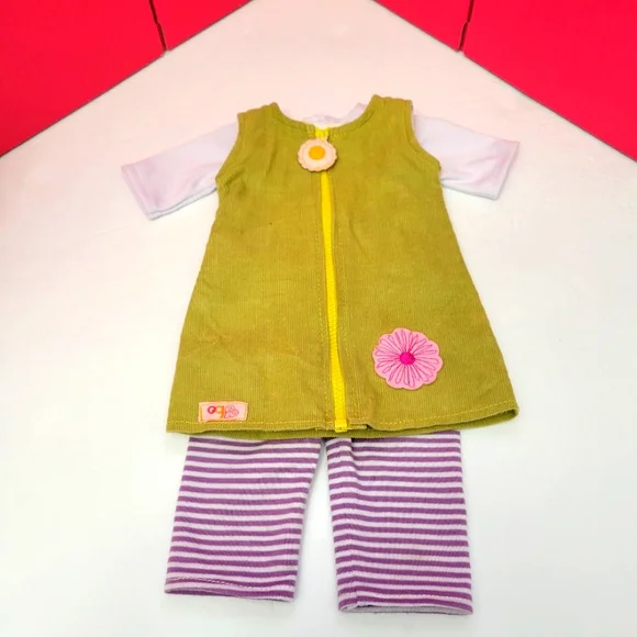 Our Generation Doll | Toys | Our Generation Doll Olive Green Corduroy Dress  Purple Stripe Legging White Top | Poshmark